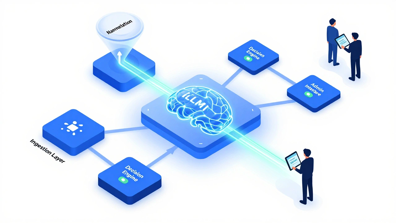 Isometric diagram of AI moderation pipeline with human oversight