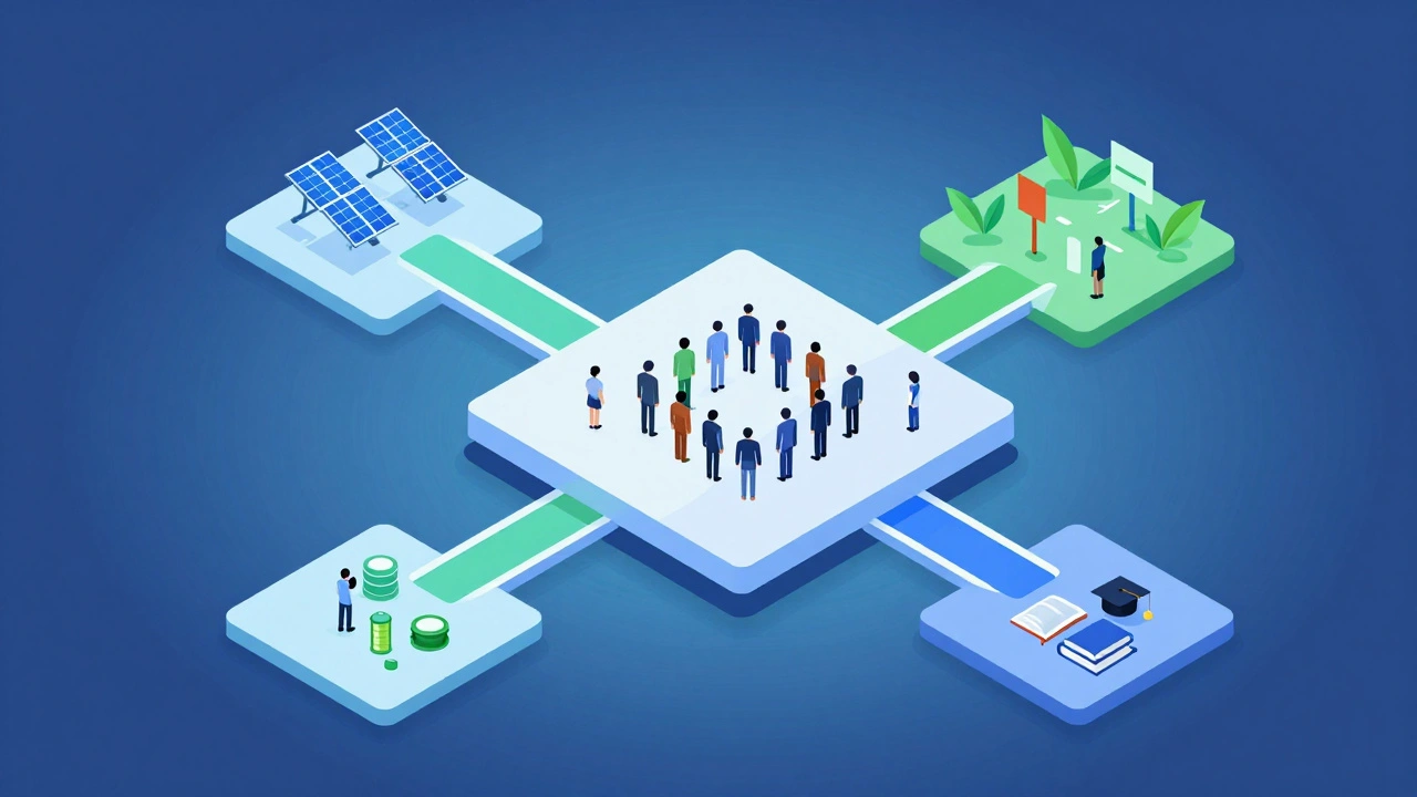 Isometric view of community hubs for climate, energy, education