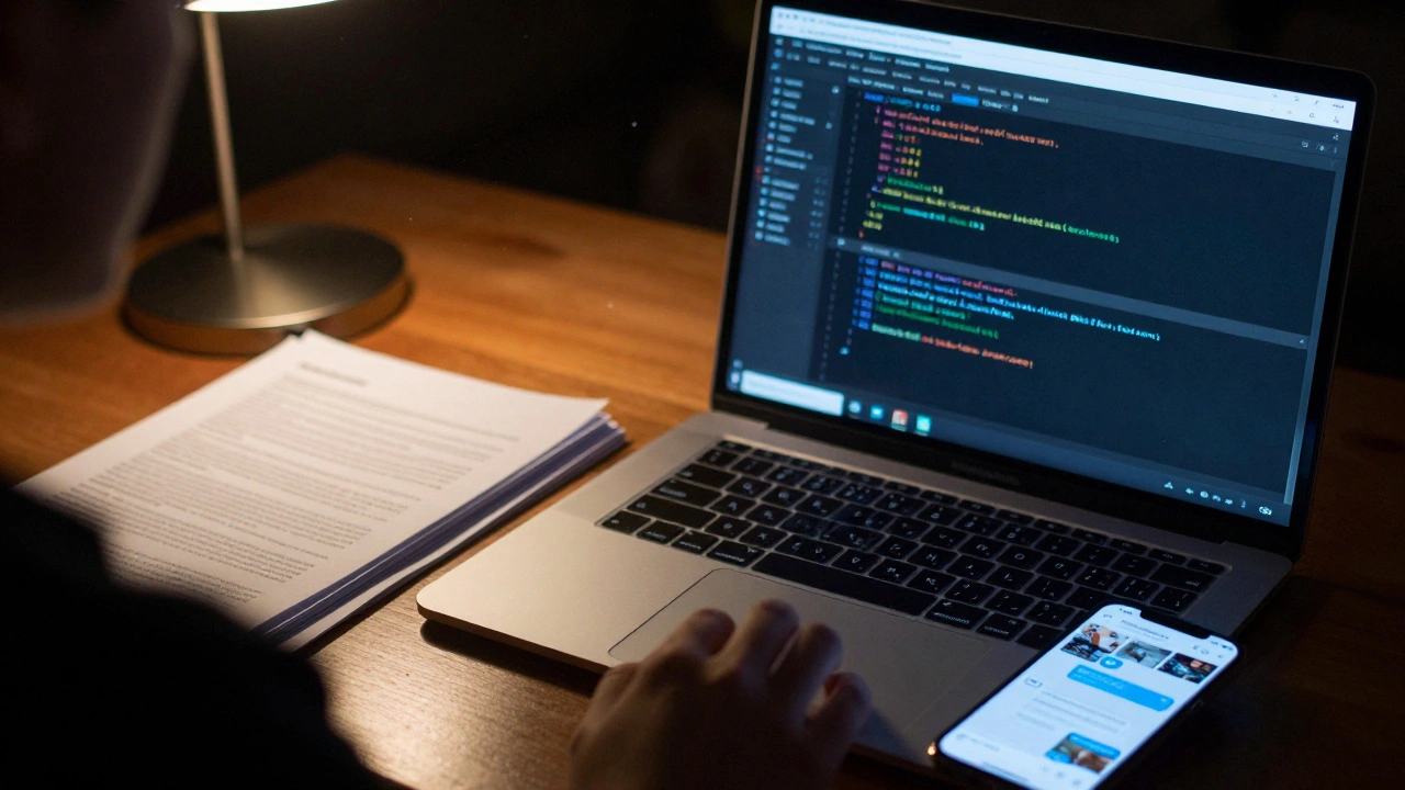 Journalist analyzing metadata on laptop and phone in a dimly lit office.