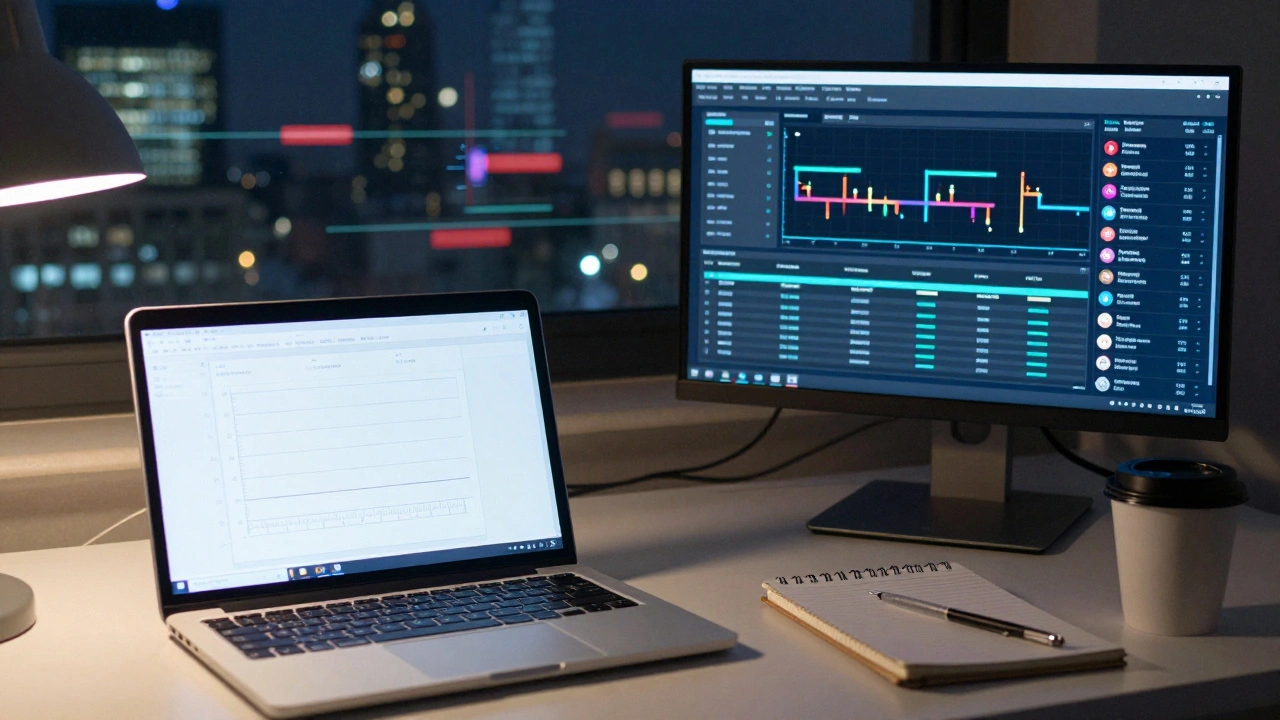 Journalist analyzing simple Telegram analytics on a laptop screen