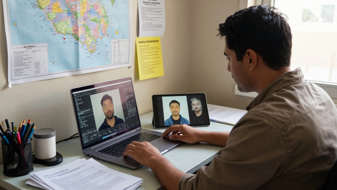 Journalist blurring faces on photos for privacy at a desk