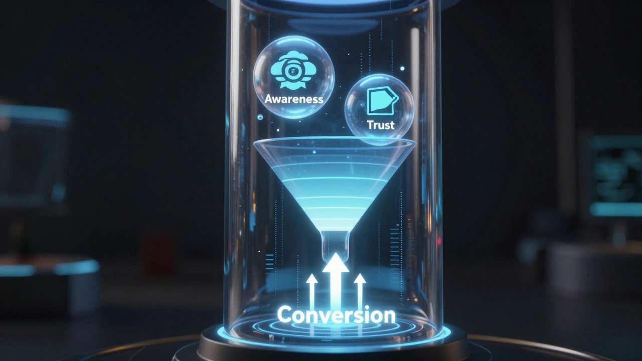 Marketing funnel visualization contrasting brand awareness with direct conversions
