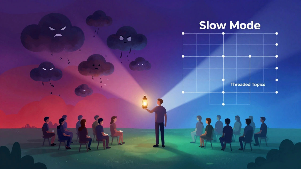 Metaphorical scene of a mediator calming digital chaos using structured tools like slow mode