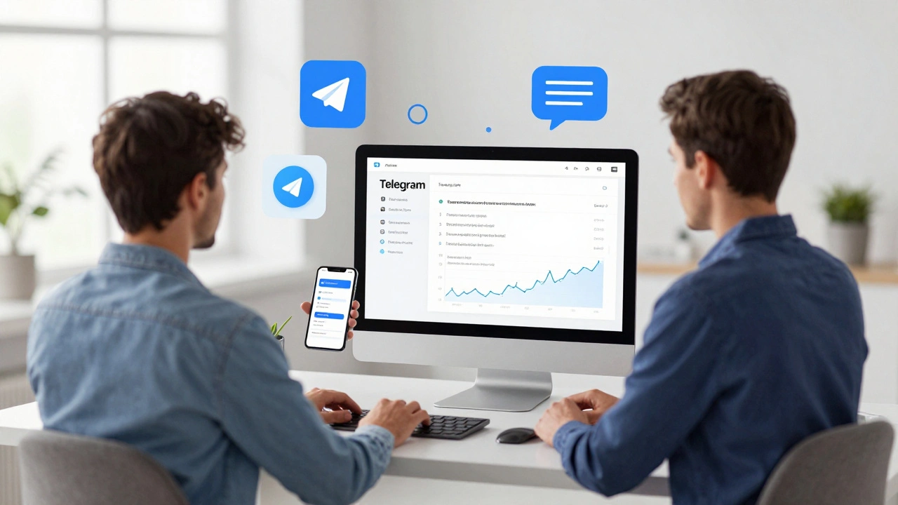 Millennial professional viewing automated news bots and data charts on devices.