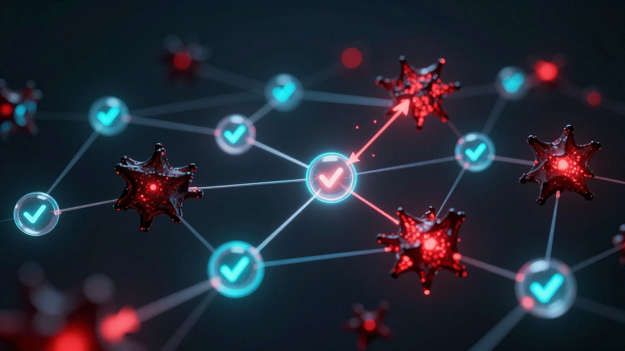 Network diagram showing verified nodes vs disinformation bots