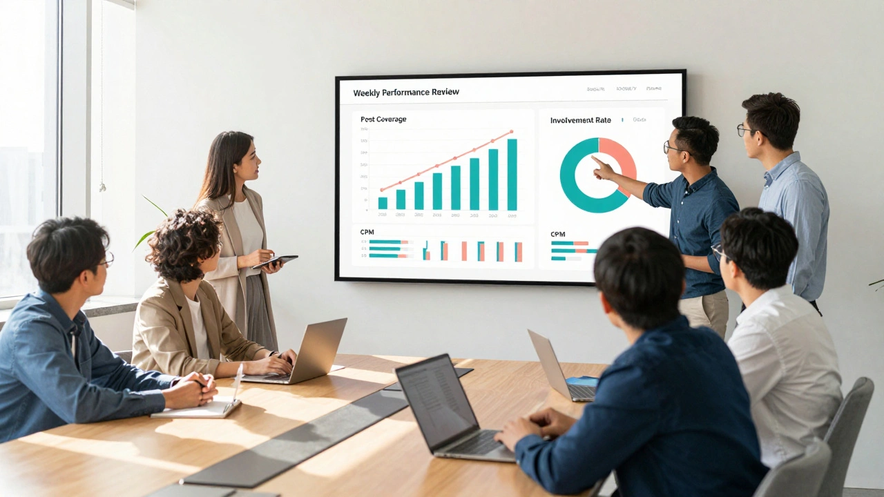 News team reviewing engagement metrics on a smart glass dashboard