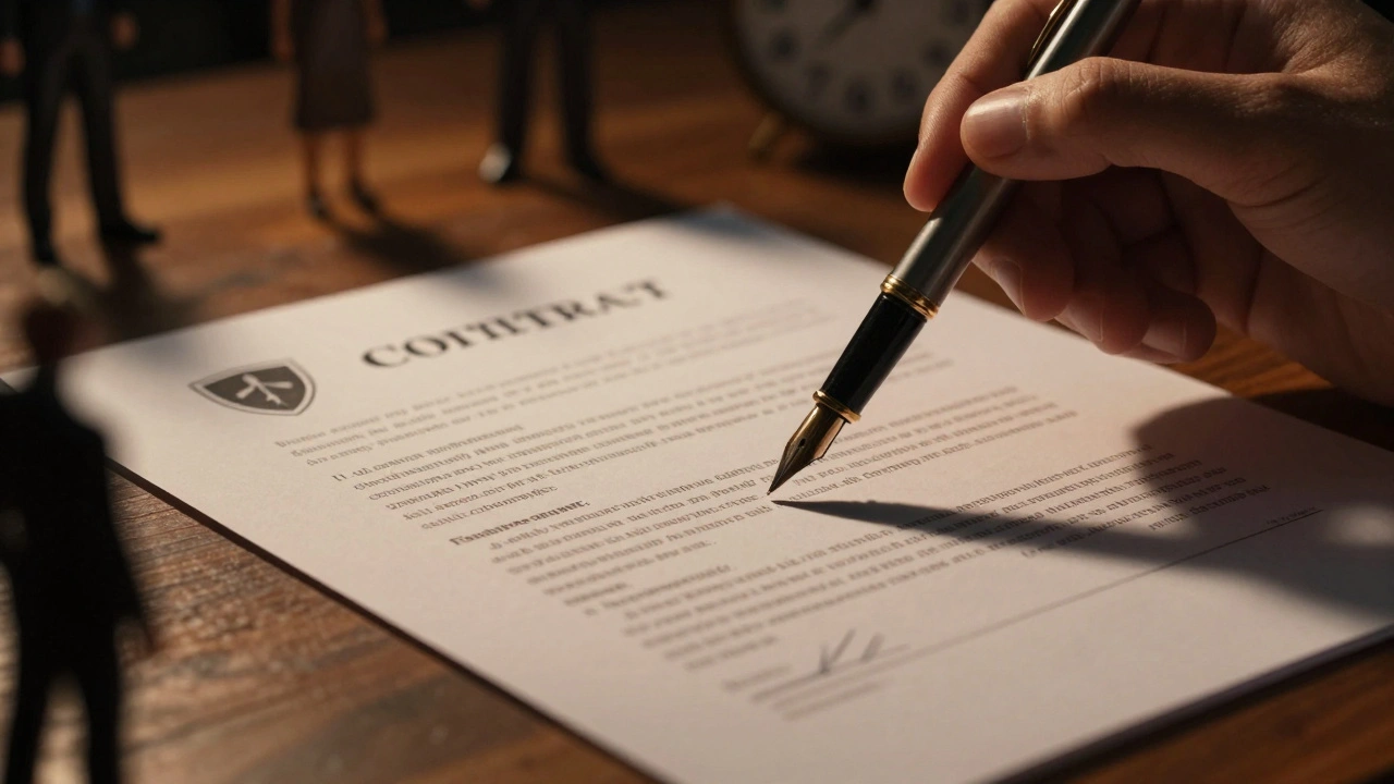 Pen hovering over contract with shield symbolizing IP protection