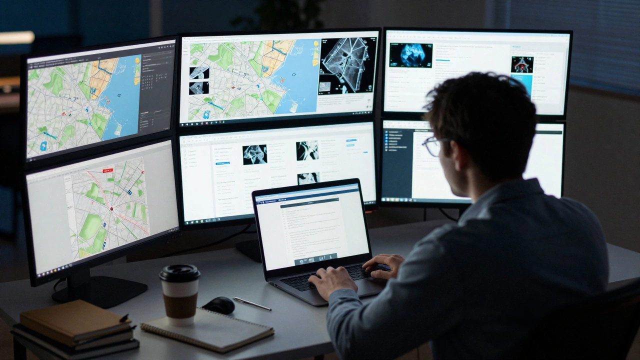 Person analyzing multiple screens in a home office war room setup