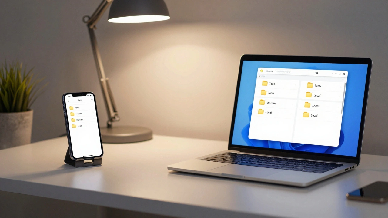 Phone and laptop showing synced Telegram folders on a tidy desk