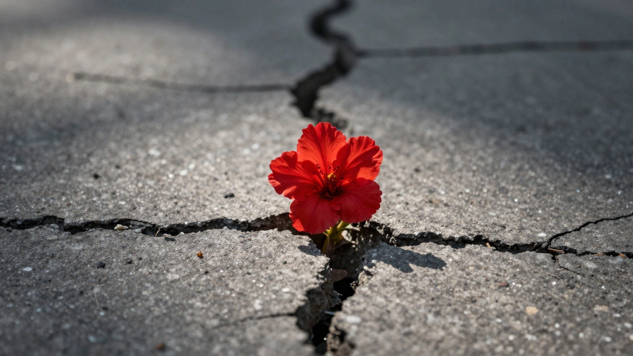 Red flower growing through cracked concrete pavement