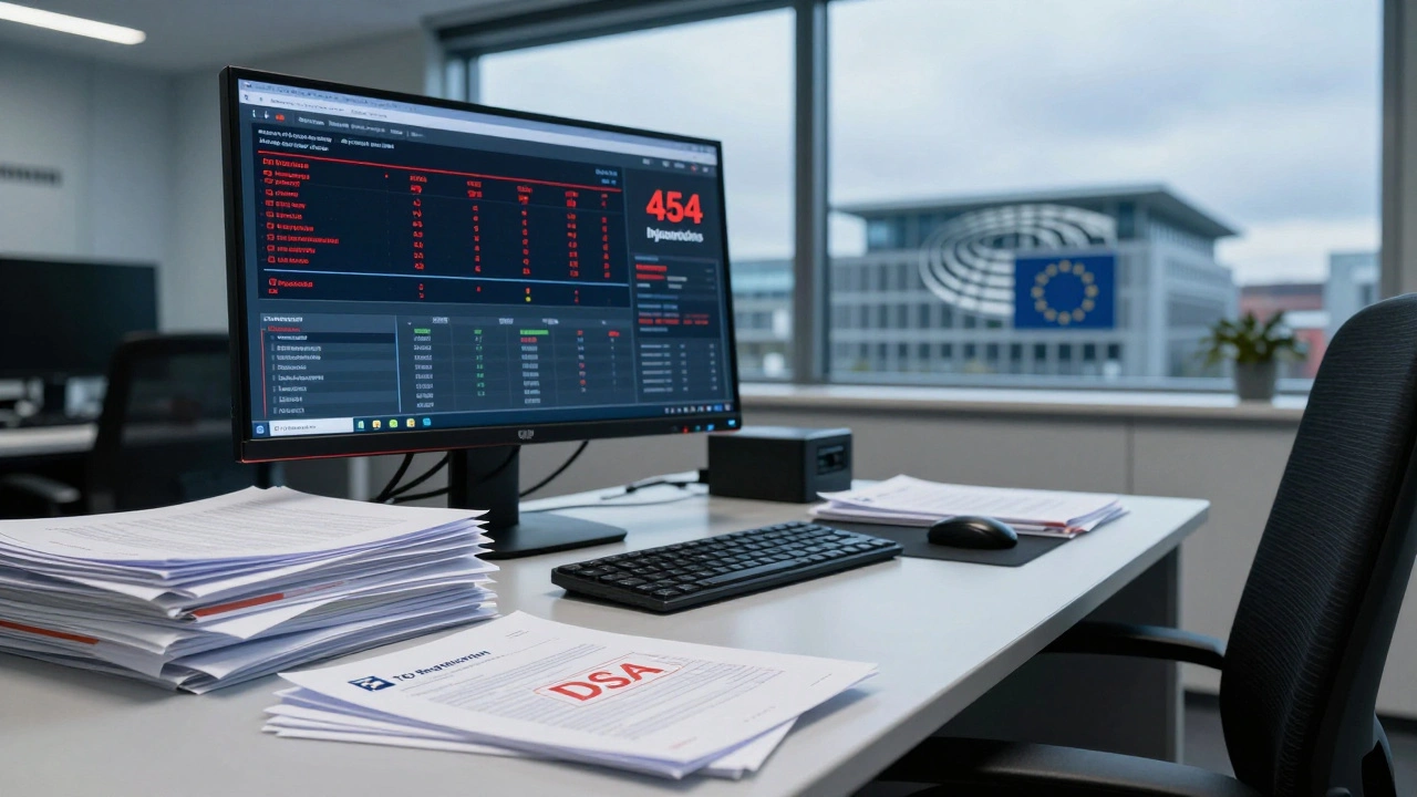 Regulator in Brussels office reviewing DSA compliance documents and injunction counters on a monitor.