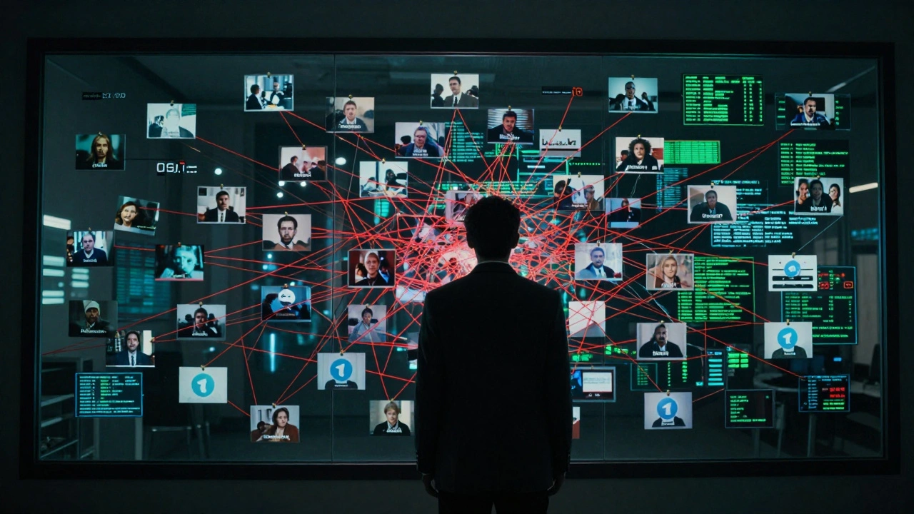Researcher mapping connections between Telegram channels on a digital evidence board.