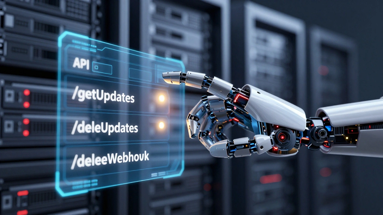 Robotic hand manipulating holographic API commands representing malware control.