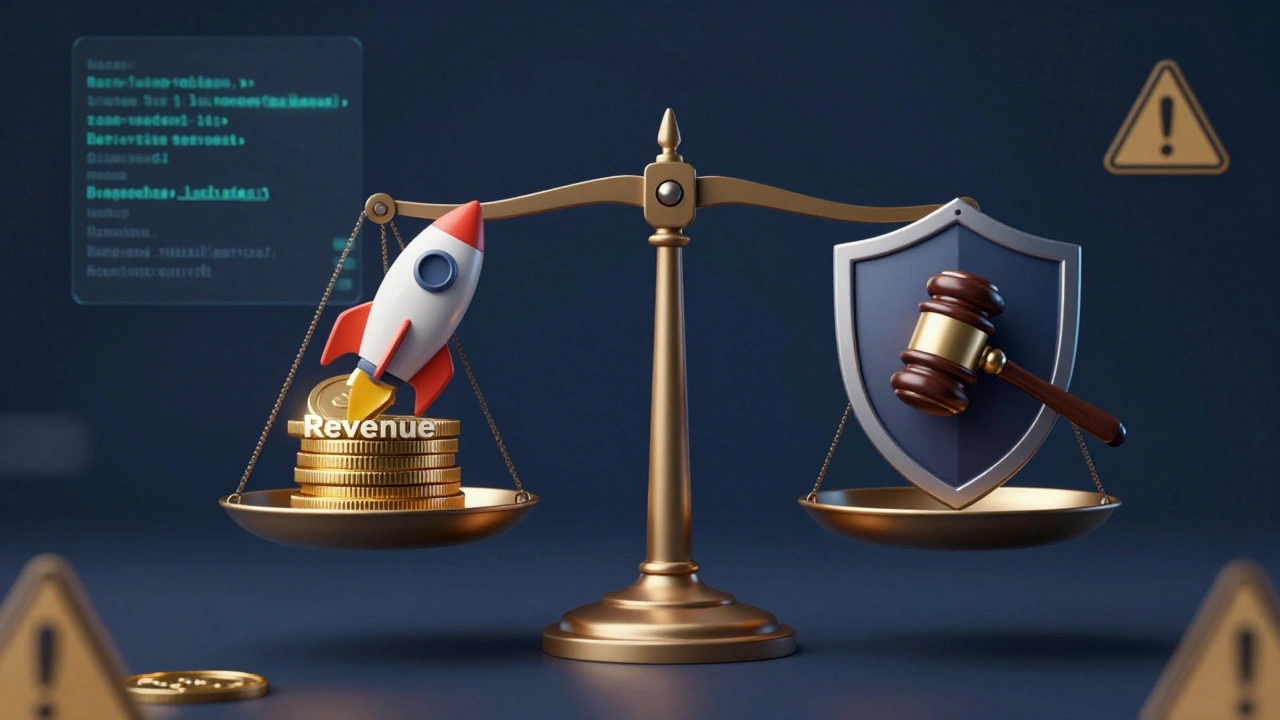 Scale balancing revenue coins against legal shields and security symbols in Web3
