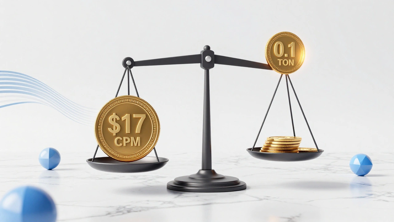 Scale comparing high Facebook ad costs with low Telegram token costs