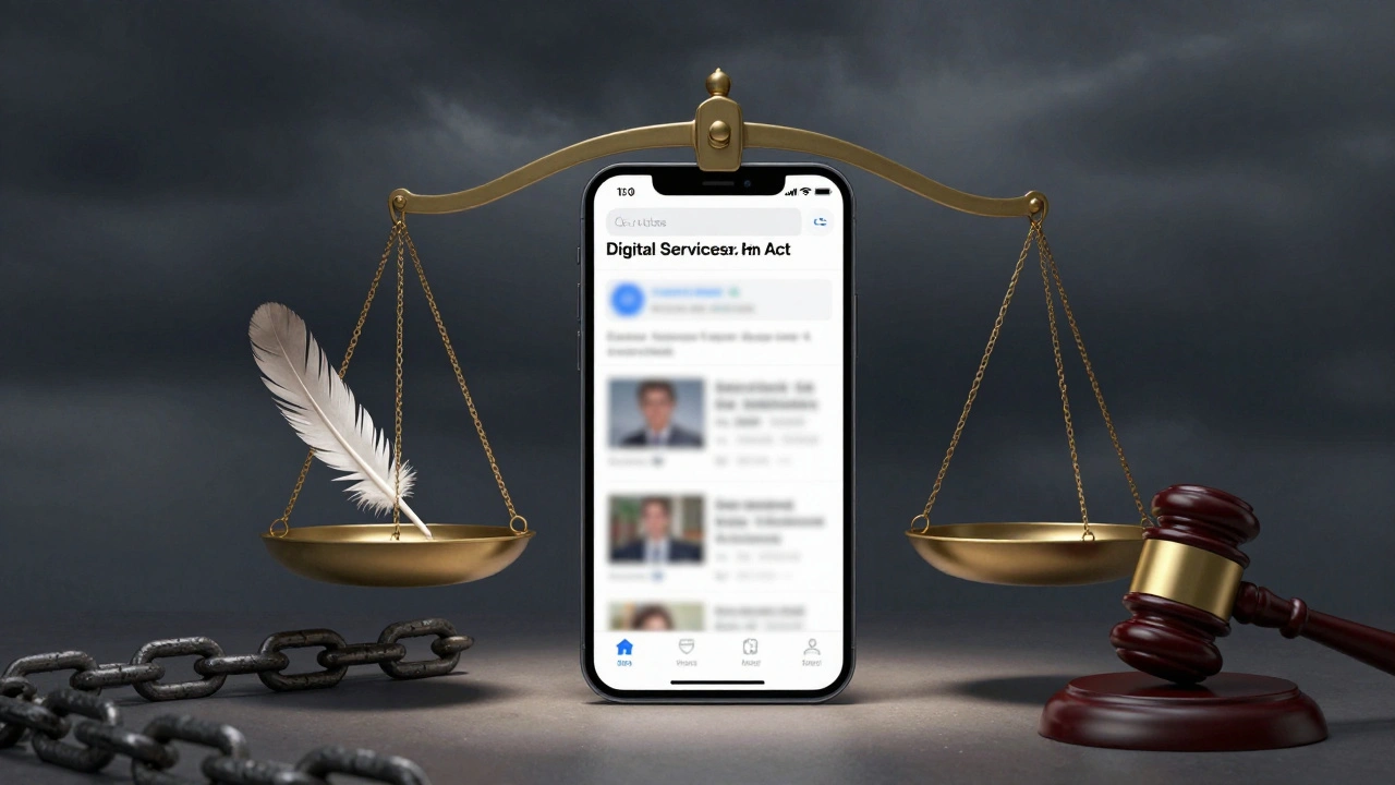 Scale of justice weighing free speech against strict EU regulations on social media.