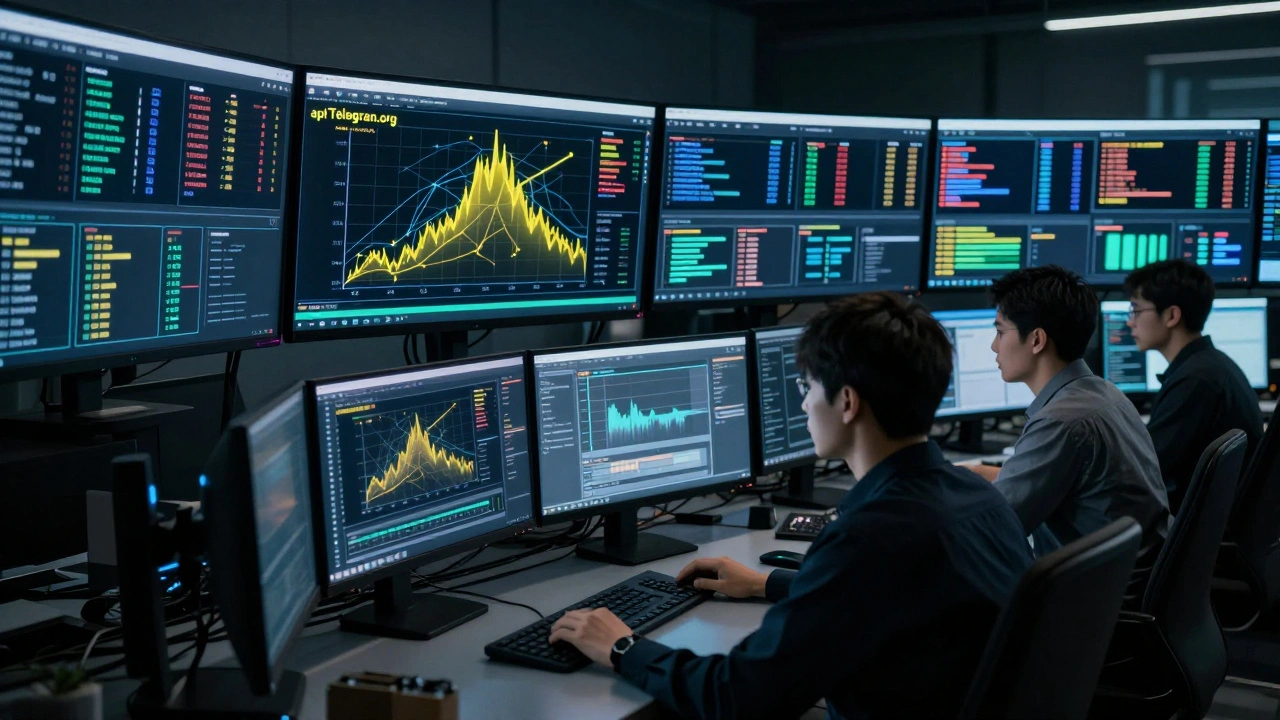 Security analysts monitoring network anomalies on screens in a dim control room.