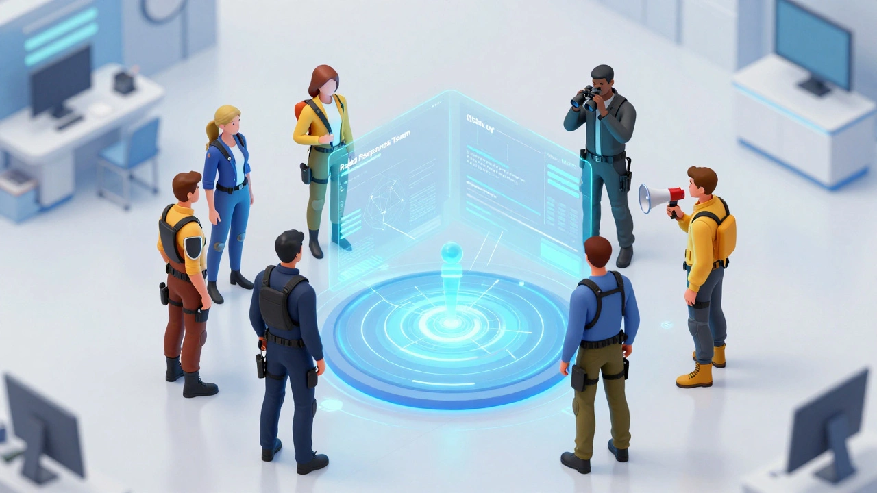 Six team members in tactical gear standing around a holographic data dashboard in a command center.