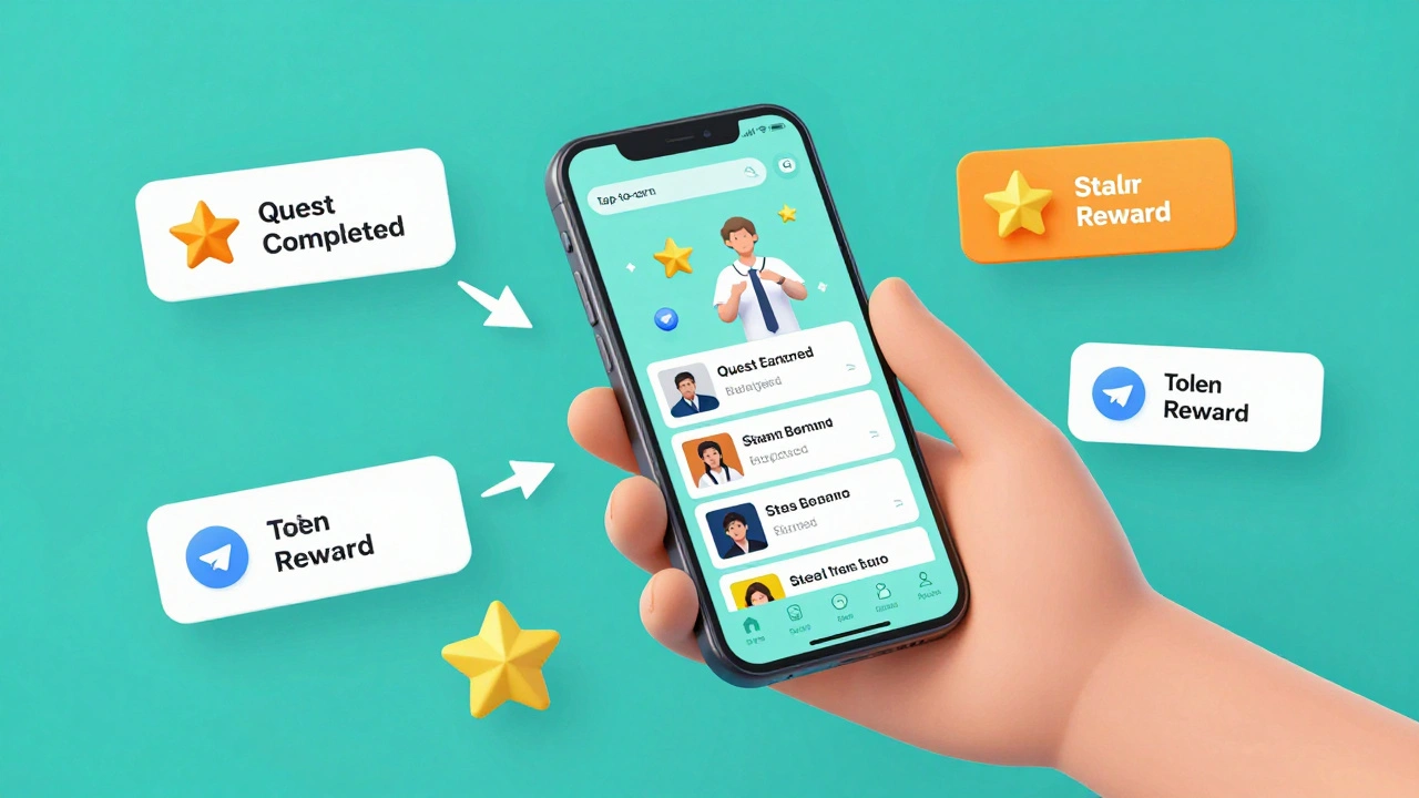 Smartphone displaying a news-themed tap-to-earn game with floating reward icons