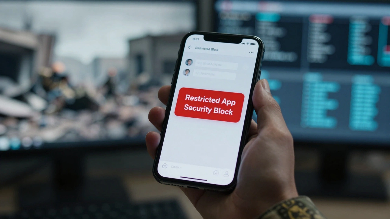 Smartphone displaying app restriction warning held by military personnel