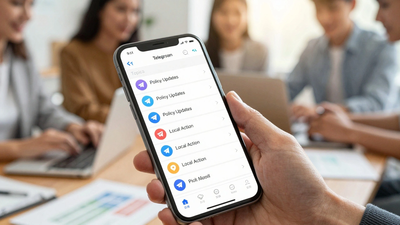 Smartphone displaying organized Telegram topics interface