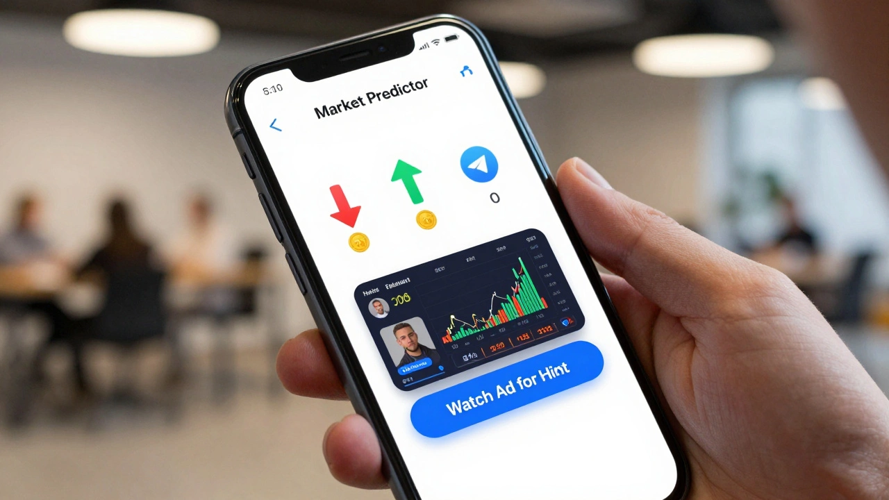 Smartphone screen displaying a Telegram news prediction game with ad rewards.