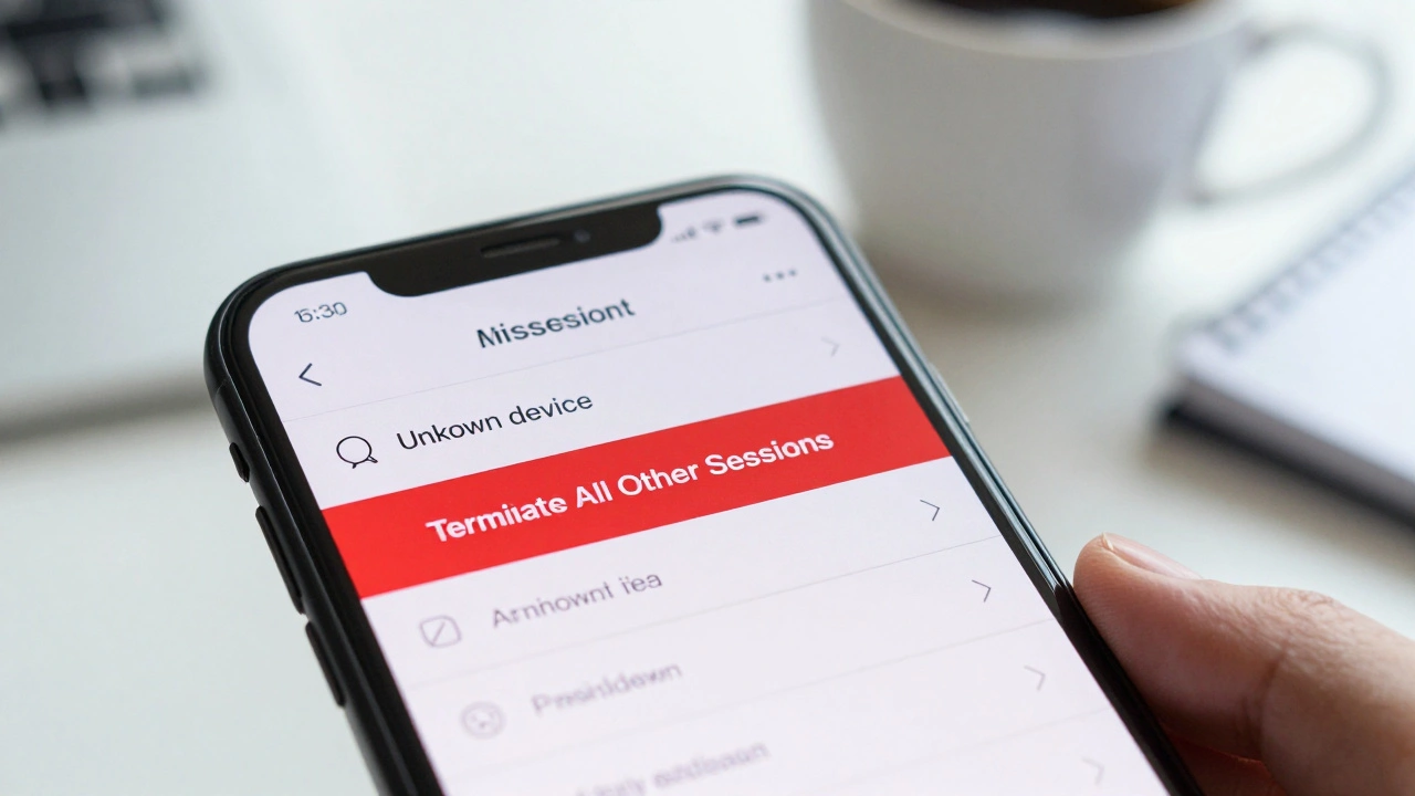 Smartphone screen highlighting an unauthorized active session for immediate termination.
