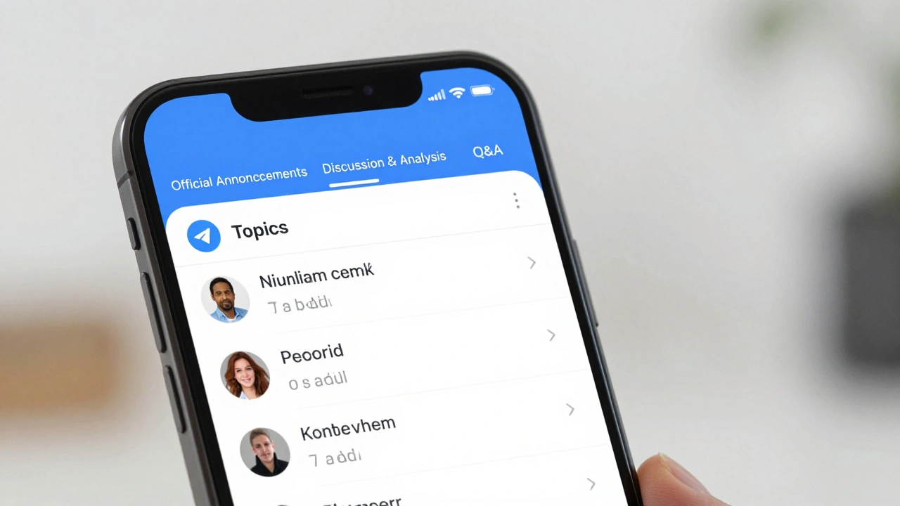 Smartphone screen showing organized Telegram Topics tabs for news and support.