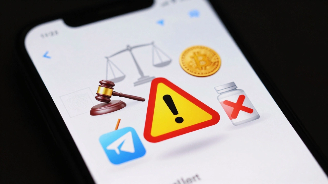 Smartphone screen with holographic warnings for crypto, politics, and health ads.