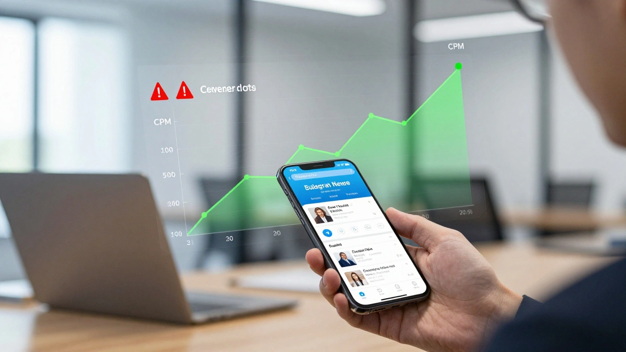 Smartphone showing ad metrics and subscriber growth charts