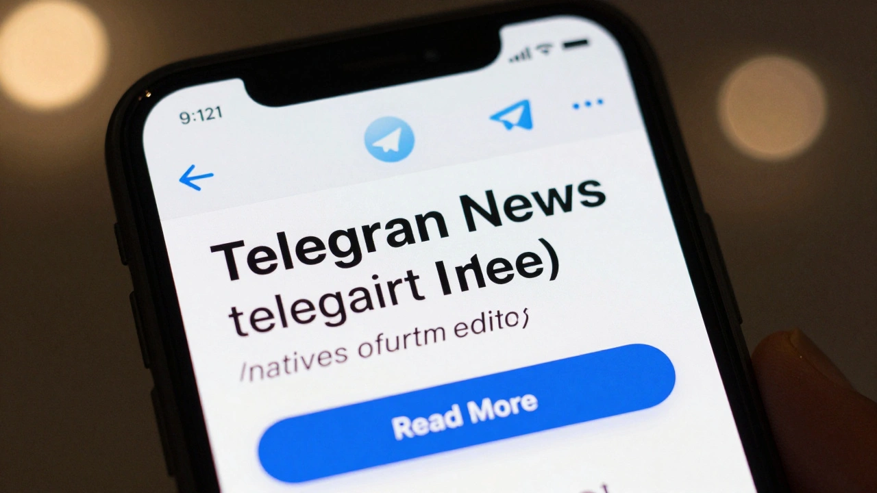Smartphone showing formatted Telegram news post with inline buttons.