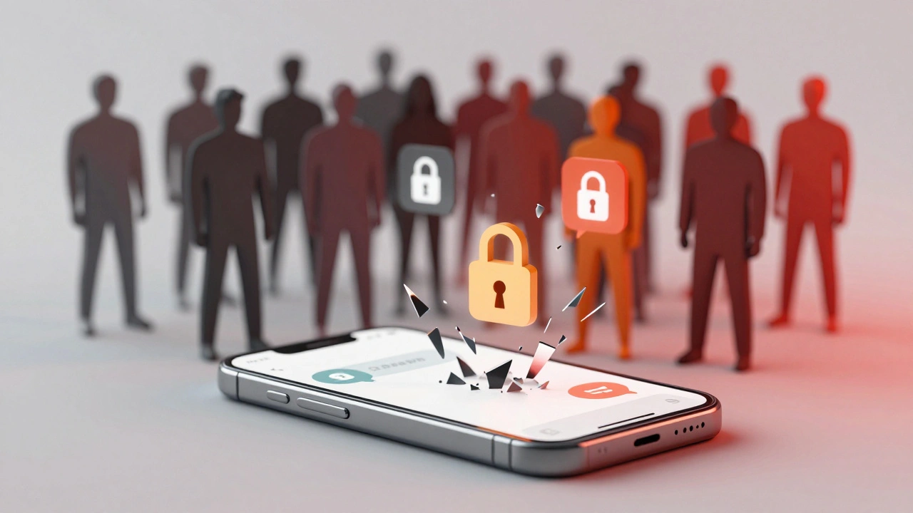 Smartphone with encrypted locks breaking into shards, surrounded by shadowy merging figures.