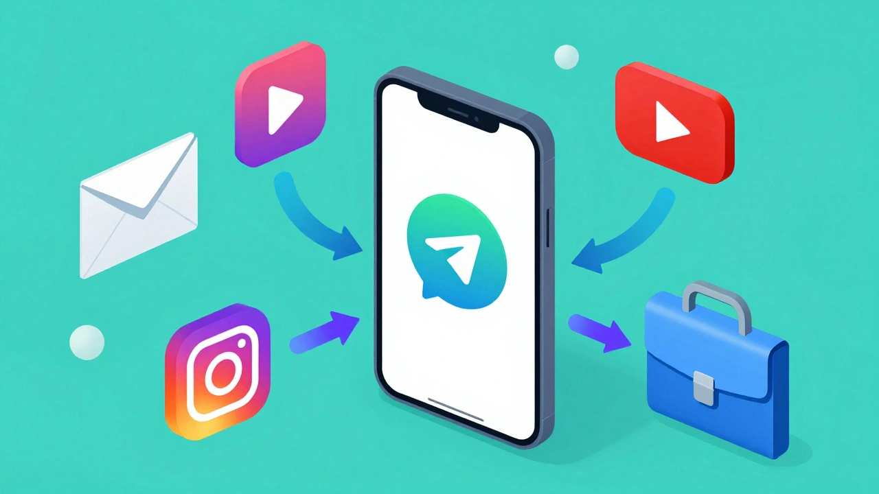Smartphone with Telegram app surrounded by icons of email, YouTube, Instagram, and LinkedIn.