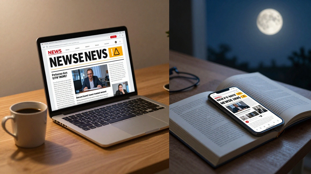 Split scene contrasting morning news headlines with evening storytelling posts for engagement.