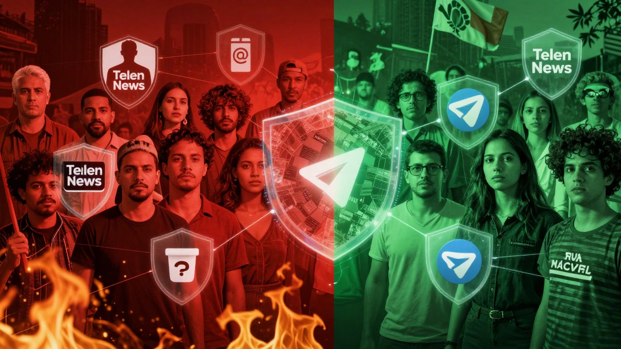 Split screen showing polarized Brazilian groups connected by encrypted networks