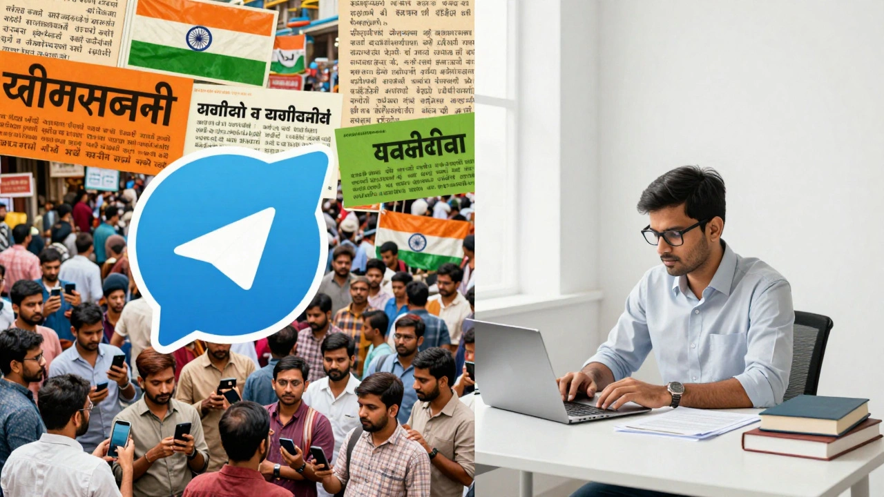 Split view contrasting chaotic multilingual Indian news vs calm European journalism