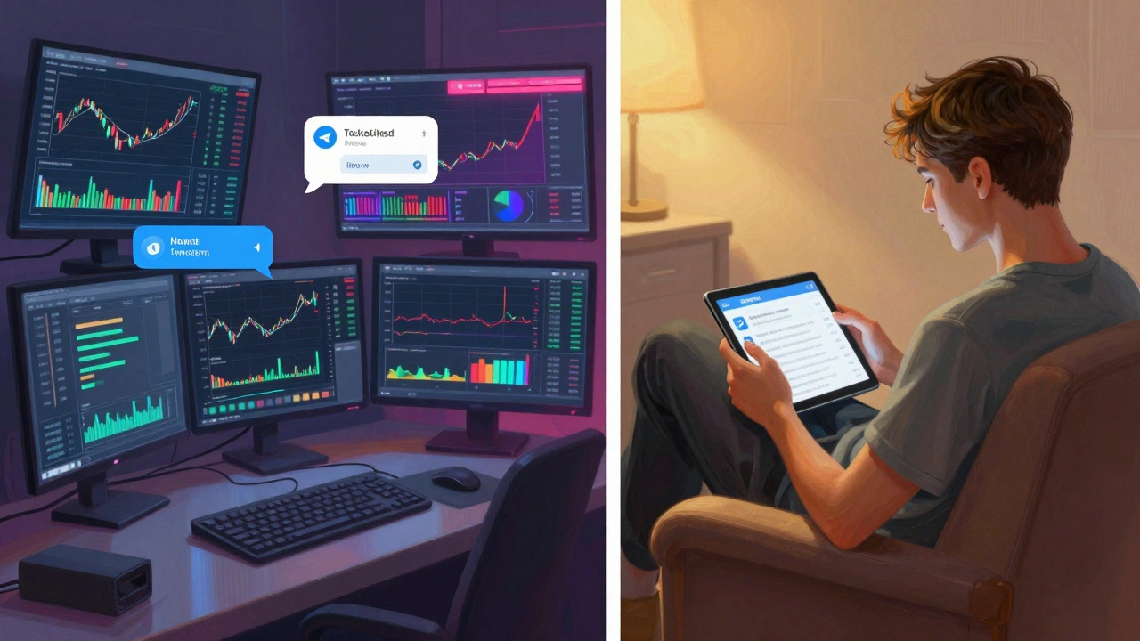 Split view of fast-paced crypto trading alerts versus calm chronological news reading