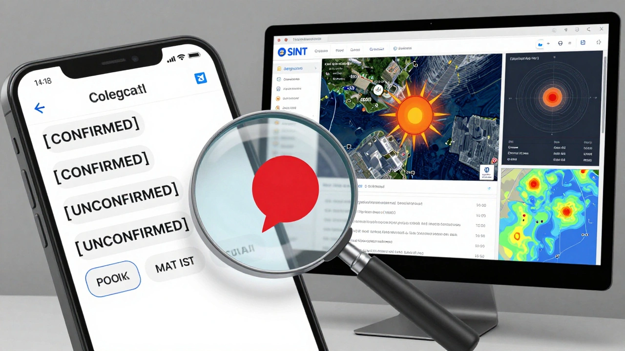 Split view of Telegram posts and OSINT satellite verification tools for fact-checking
