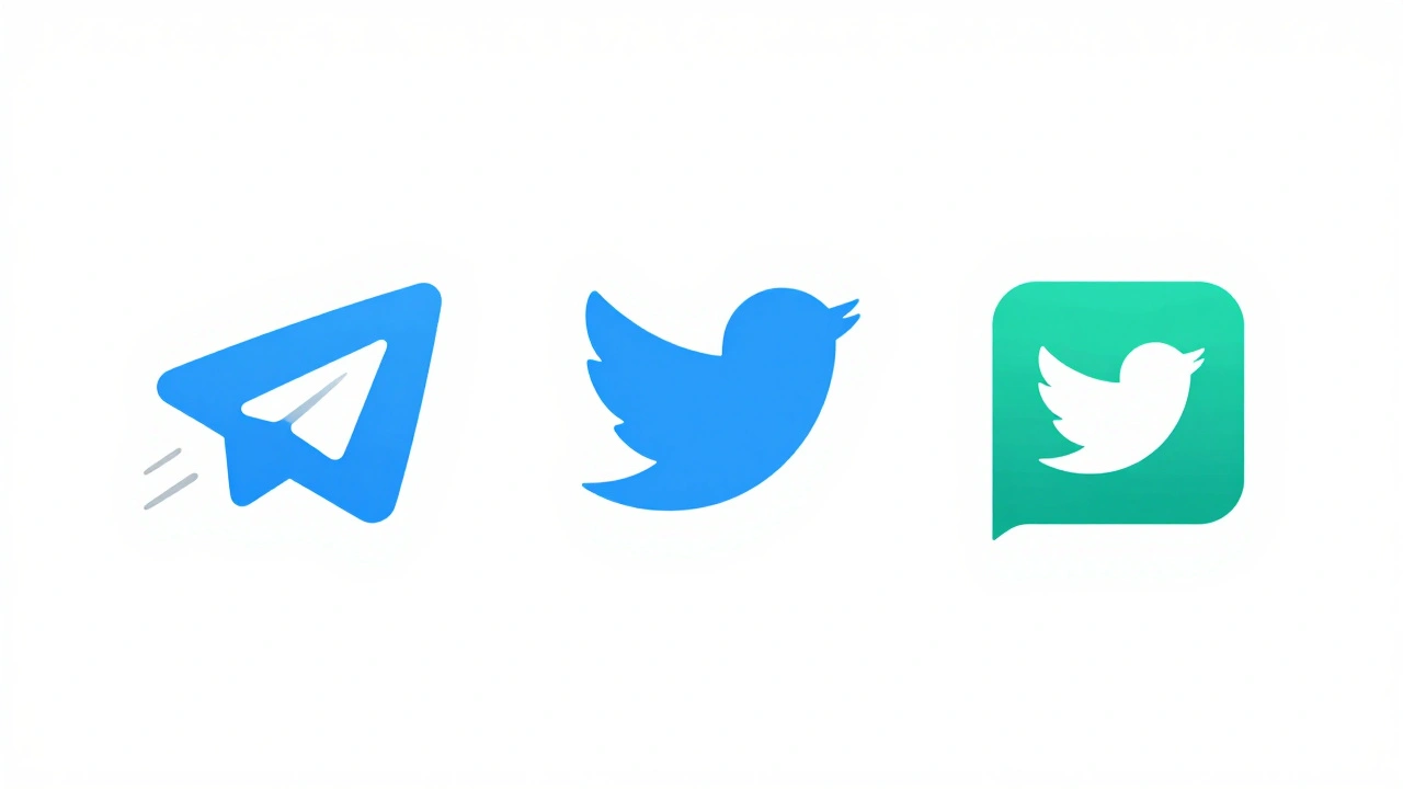 Stylized icons representing Telegram, Twitter, and Feedly platforms in minimal design.