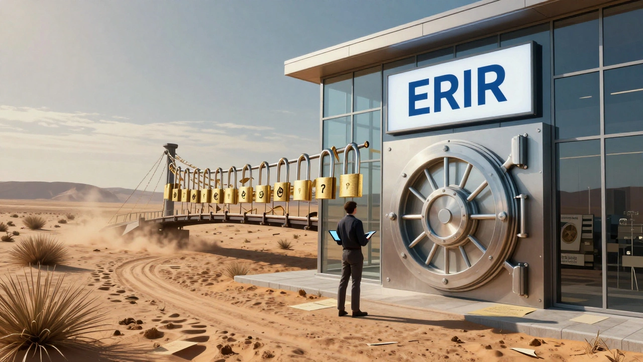 Surreal art showing a wild west landscape connecting to a secure regulatory vault building.