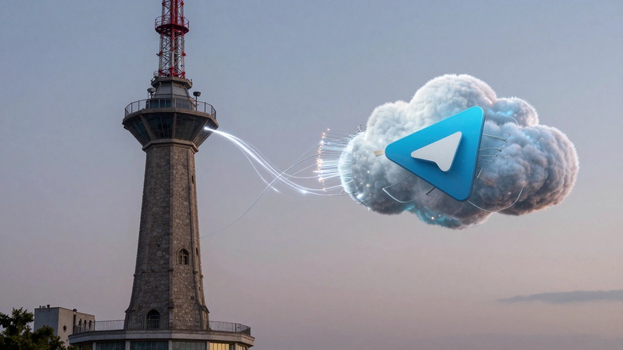 Symbolic image connecting a traditional broadcast tower with a modern cloud computing structure