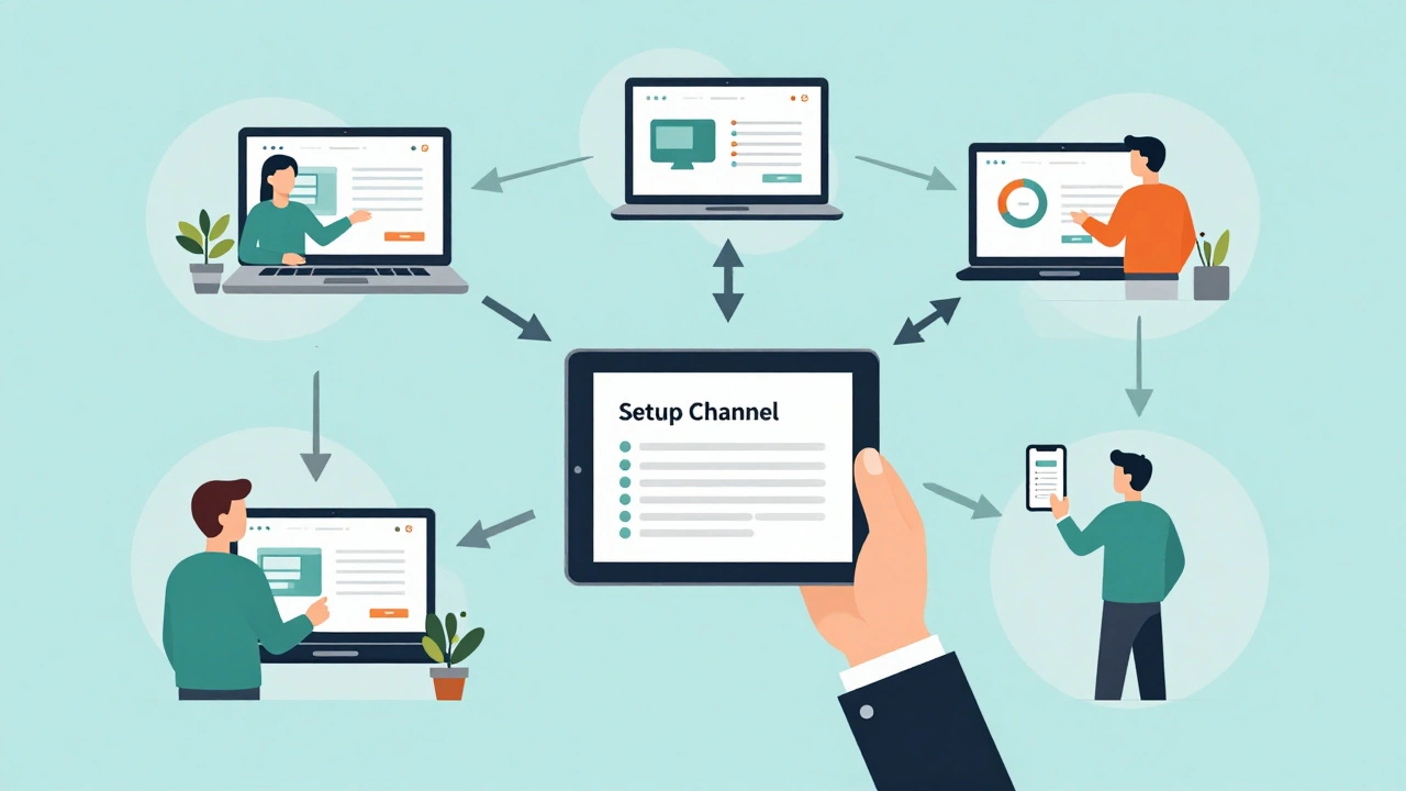 Team members syncing curated news sources via a shared setup channel.