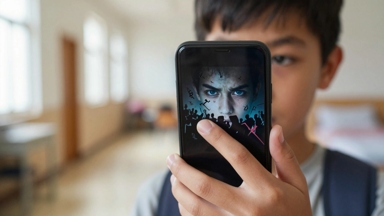 Teenager holding phone, eyes reflecting chaotic symbols and crowds, symbolizing radicalization.