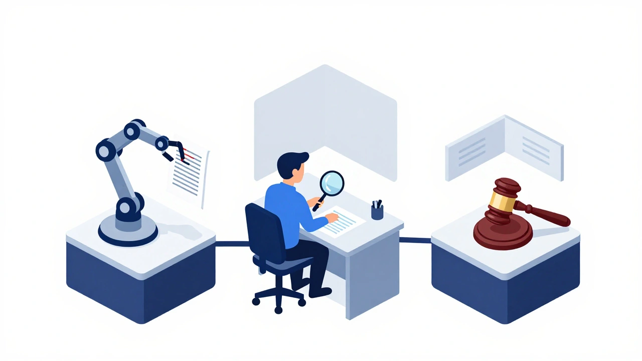 Three-stage editorial review process with automated scan, human check, and legal approval
