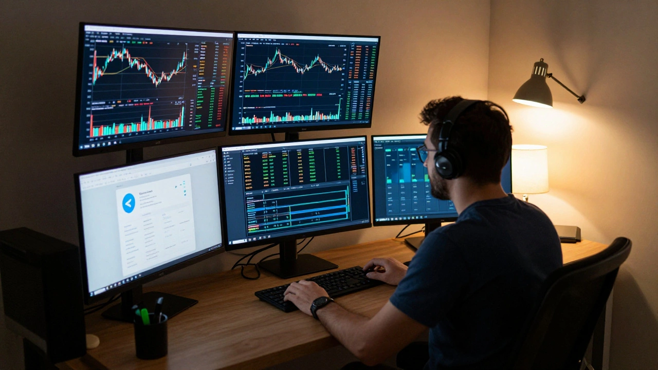 Trader using Telegram bots for real-time financial signals in a home office.