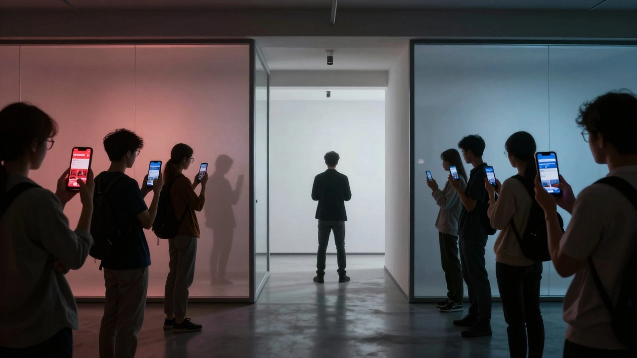 Two groups separated by a glass wall, viewing different colored news feeds