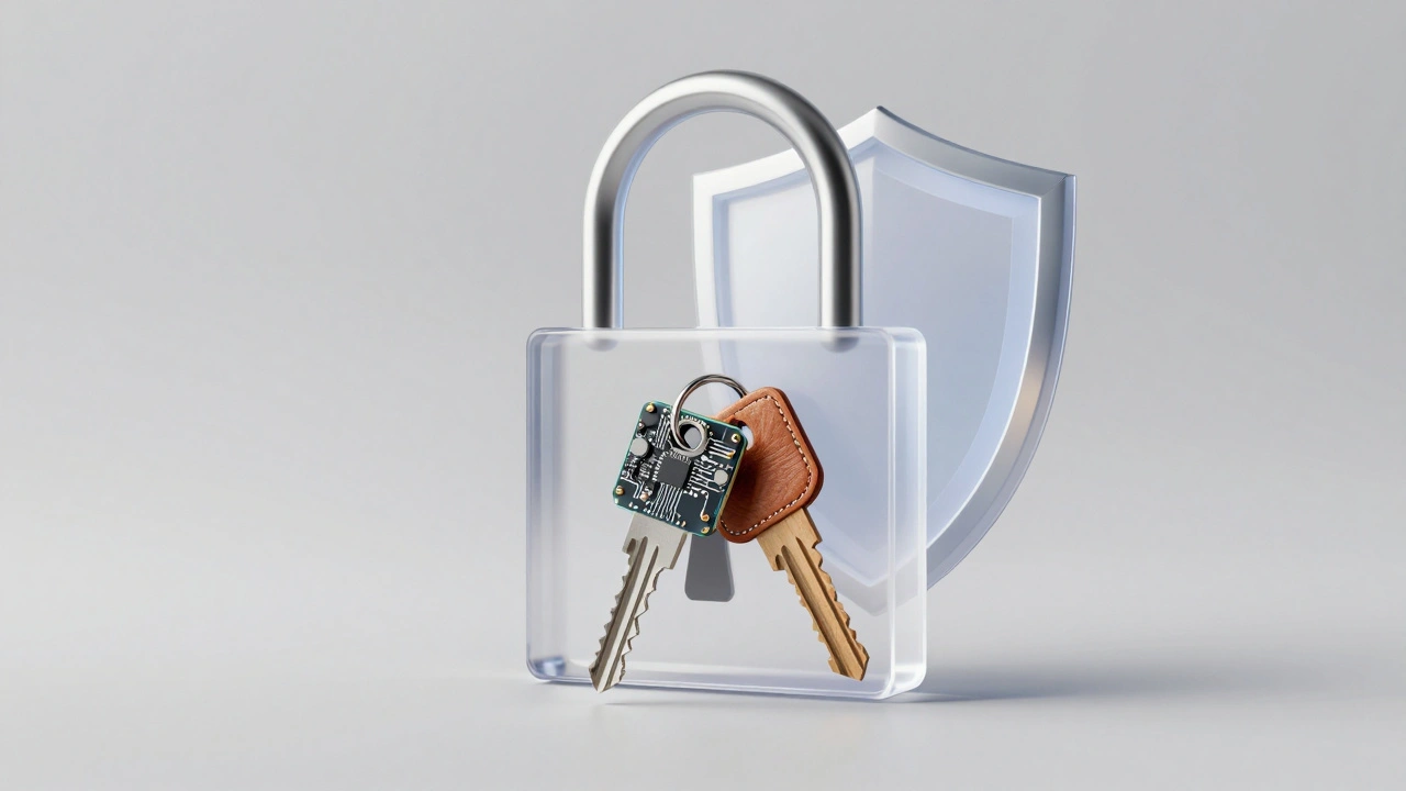 Two keys, one digital one manual, unlocking a secure shield icon for verification