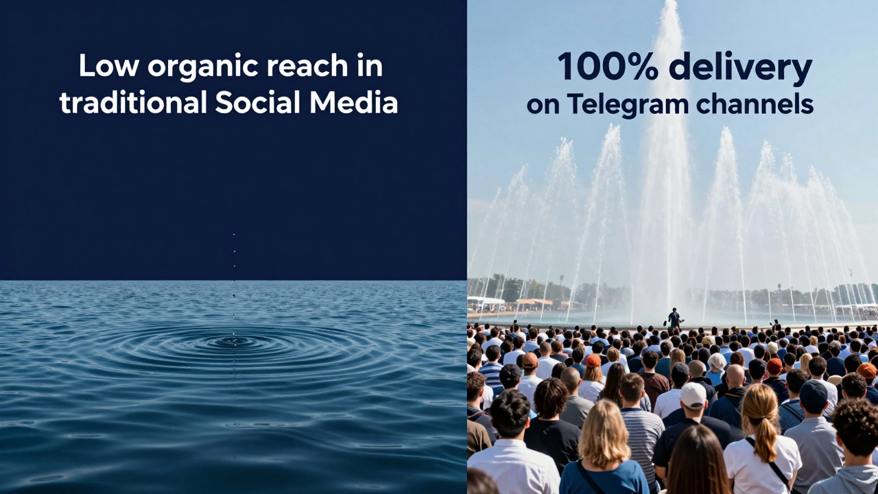 Visual metaphor comparing low social media reach to high Telegram delivery rates