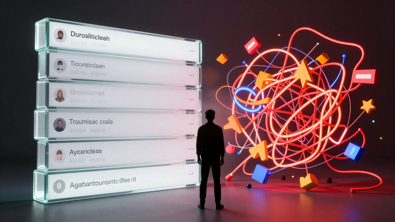 Visual metaphor comparing orderly chronological feeds to chaotic algorithmic networks.
