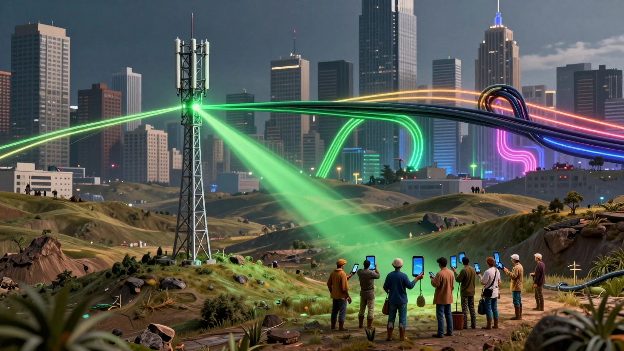 Visual metaphor of rural mobile signals connecting isolated areas vs urban broadband infrastructure.